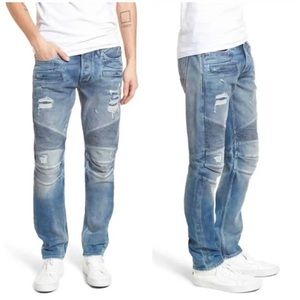 HUDSON BLINDER BIKER DISTRESSED KNEE-RIP MED/LIGHT WASH BUTTON-FLY JEANS Sz32/30